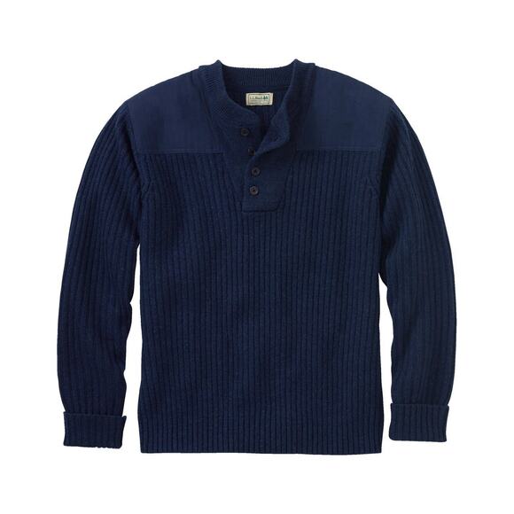 LL Bean Sweater Mens Large Military Commando Henley Blue Merino Wool Popover - Picture 9 of 11